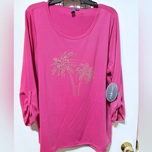 Casey Key NWT Elegant Pink Tunic with Palm Embellished Rhinestones Size 1X
